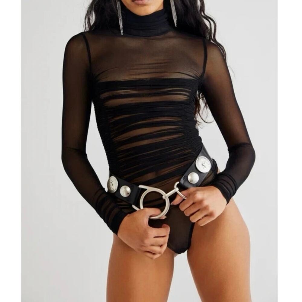 Free People Under It All Bodysuit Women's Small Black Sheer Turtleneck QLW262